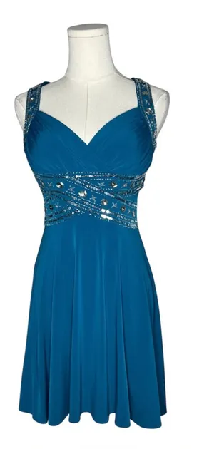 Vintage Blue Beaded Waist Criss Cross Back Mini Cocktail Dress Party Fairycore thumbnail 1