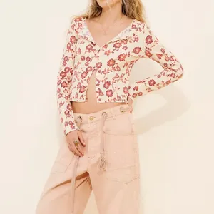 NEW Free People Tilly Tea Combo Ivory Floral Button Front Cotton Long Sleeve Top thumbnail 3