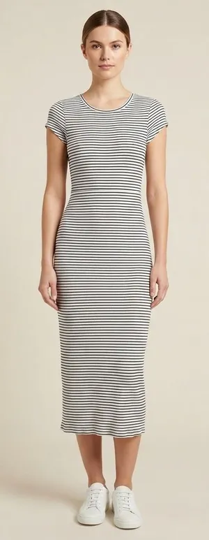 Club Monaco Dress Womens Small White Navy Striped Short Sleeve Bodycon Midi‎ thumbnail 1
