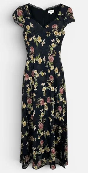 Bohme Floral Cap Sleeve Maxi Navy Blue Lace Autumn Wedding Guest Dress‎ Feminine thumbnail 1