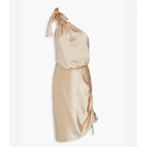 RETROFÊTE Nadia One-shoulder Ruched Stretch-Silk Satin Mini Dress Sz L Champaign thumbnail 3