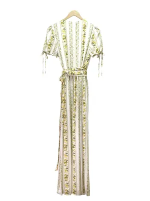 Gal Meets Glam Imogene Maxi Dress Sz 4 Yellow Floral Stripe Wrap Puff Sleeve GMG thumbnail 3