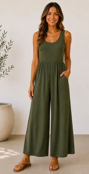 BTFBM Olive Green Jumpsuit Sleeveless Flowy M Minimalist Lounge Pocket NWT thumbnail 1