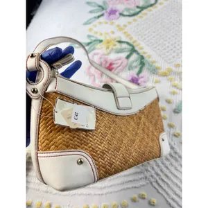 Etienne Aigner Woven Rattan Shoulder Bag White Trim‎ Polka Dot Lining 21750 thumbnail 3