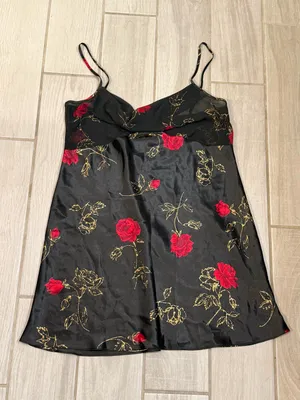 Vintage 1990 Satin Floral Slip Dress Black with Red Roses thumbnail 2