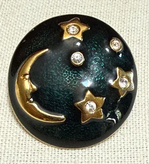 Vintage 80s Dark Teal Enamel Celestial Moon & Stars Dome Brooch Pin thumbnail 1