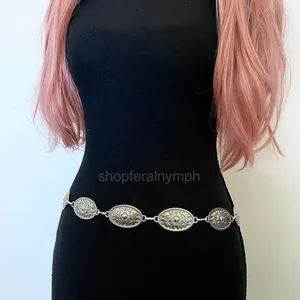 Silver Y2K Western Floral Oval Concho Chain Belt, Fits 25-44 Inches, X7GA1363 thumbnail 5