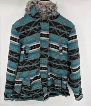 Outback Trading Co women’s Myra Aztec print faux fur lined hooded jacket sz L thumbnail 1