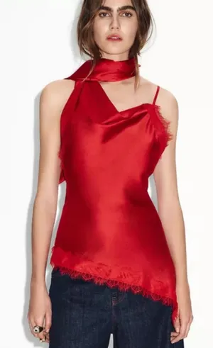 Zara Red Satin Neck Wrap Lace CamisoleTop NWT S thumbnail 1