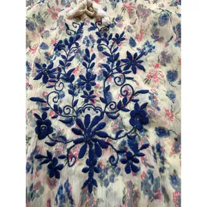 World Market Floral Embroidered Peasant Blouse Cream Blue‎ Pink S/M Smocked Top thumbnail 5