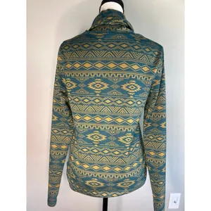 KAVU Women's Skylar semi-fitted cowl neck shirt, green and yellow aztec print XS thumbnail 5