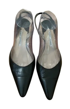 Manolo Blahnik Carolyne Black Leather Pointed Slingback Pumps, Size 41 Italy thumbnail 1