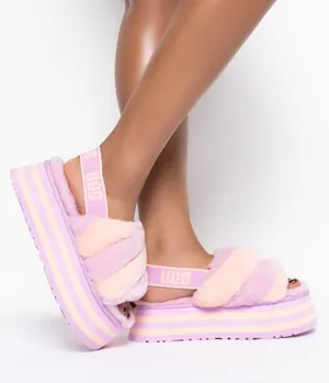 UGG Women’s Disco Stripe Combo Fluff Primrose Pink Slide Flatform 7 thumbnail 1