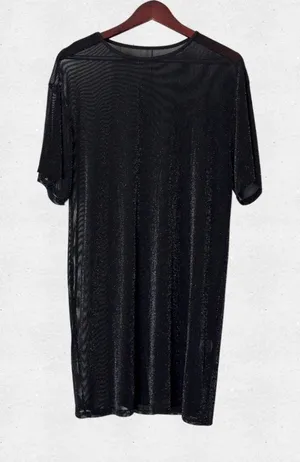 Sheer Mesh Metallic Black Midi Dress Large Glitter Beach Swim Cover Up Goth Alt thumbnail 1