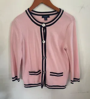 Chaps Pink Cardigan with Navy Contrast Trim thumbnail 1