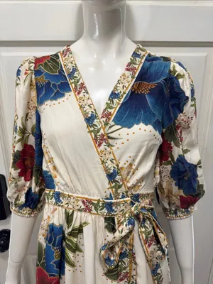 Farm Rio Floral Wrap Midi Dress in Cream with Blue & Red Blooms Size Small thumbnail 2