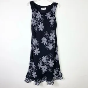 Vintage 90’s Studio I Black & White Floral Sleeveless Layered Midi Dress Size 8 thumbnail 2