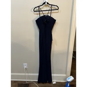 XSCAPE Women's Rosette Halter Gown Sleeveless Front slit Formal Dress Navy 10 thumbnail 2