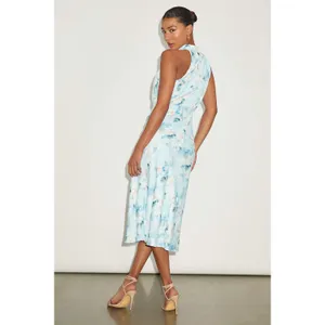 NWT Lulus Distinctive Charm Blue Floral Satin Asymmetrical Midi Dress Party XS thumbnail 4