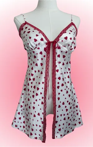Y2K Victoria’s Secret Heart Print Fly Front Babydoll Slip Dress Lace Trim XS thumbnail 1