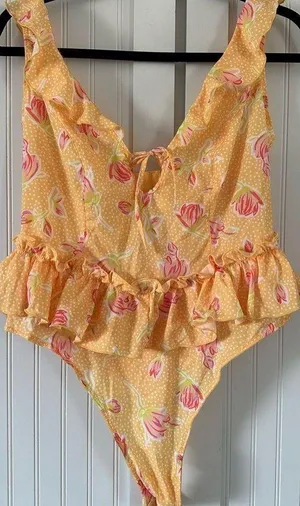 MENTIONABLES x Karlie Rae Lang Teddy Bodysuit Size XL Yellow Floral Ruffle thumbnail 1