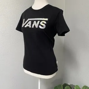 Vans Black Graphic Tee Short Sleeve Shirt Holographic Shiny Spell Out Logo thumbnail 3