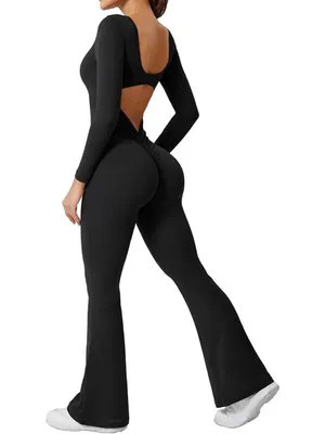 Superdown Black Long Sleeve mock neck Open Back Bell Bottom Jumpsuit Sz S sparle thumbnail 2