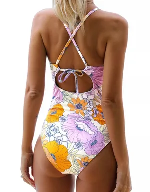 Women's Halter Lace Up Back One Piece Swimsuit Padde... thumbnail 2