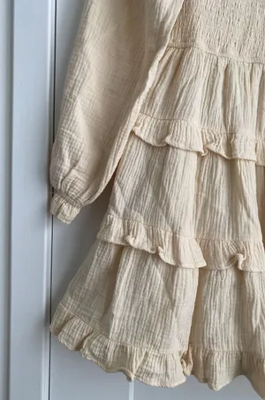 &merci taupe brown Puff Sleeve Babydoll ruffled Mini Dress sz S thumbnail 6