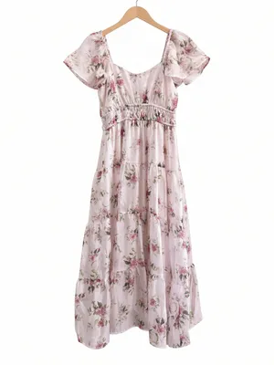 Floral Chiffon Flounce Sleeve Shirred Midi Dress Small thumbnail 13