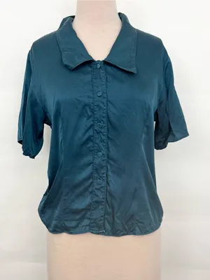 Victoria’s Secret 100% Silk Button-Front Short Sleeve Pajama Top Teal Medium thumbnail 1