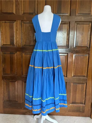 NWT Anthropologie The Helena Square Neck Tiered Ric Rac Blue Motif Dress Small S thumbnail 4