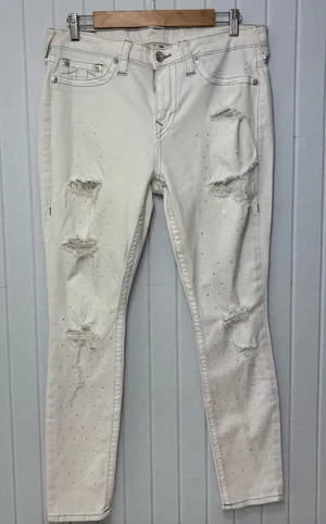True Religion Curvy Skinny White Distressed Crystal Jeans Size‎ 34 thumbnail 1