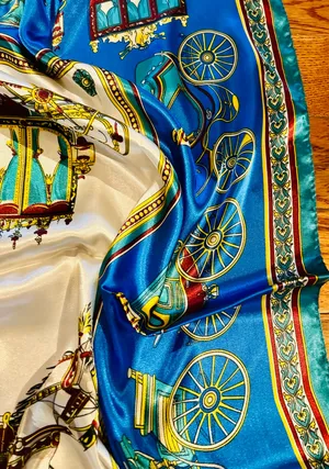 VINTAGE EQUESTRIAN horse&carriage ROYAL BLUE silky SCARF 35’/35’ inches thumbnail 6