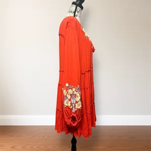 Free People Red Embroidered Long Sleeve Mini Dress Tiered Gauzy Boho Cottagecore thumbnail 2