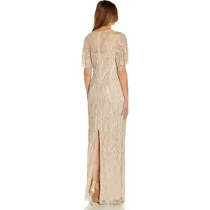 Adrianna Papell Beaded Flutter Sleeve Gown Long Biscotti Beige Formal US 4 NWT thumbnail 2