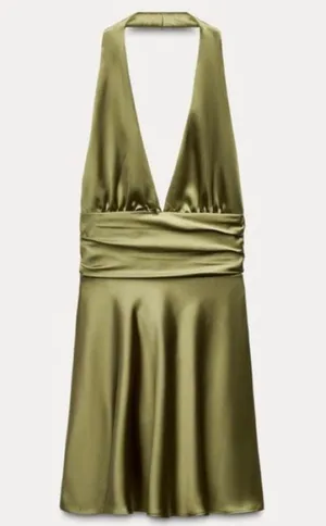 Zara dress halter open back tie bow Elegant Olive Green Satin wedding party thumbnail 15
