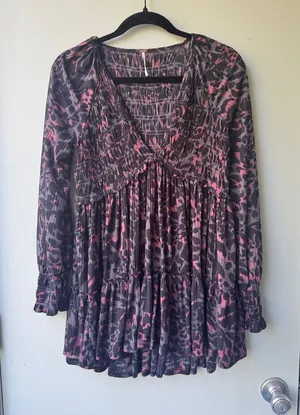 Free People Pink and Black Printed Smocked Tunic Top thumbnail 1
