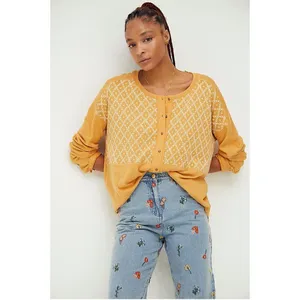 Free People Free Spirt Embroidered Knit Henley Top Peach‎ Fuzz XS thumbnail 4
