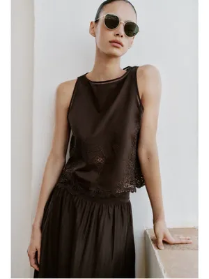 NWT Zara Brown Sleeveless Lace Trim Top thumbnail 4