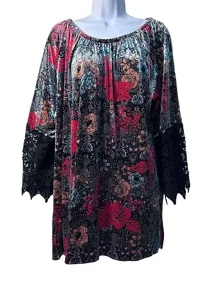Ali Miles Crashed Velvet Tunic 1X floral Logenlook lace details sleeves thumbnail 1