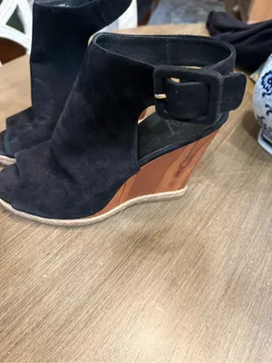 Tory Burch Black Suede Peep-Toe Ankle Wood Strap Wedges Sz 9 thumbnail 2