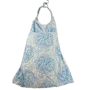 Columbia PFG Halter Dress Medium Blue Aqua Print Smocked Back Beach Sundress thumbnail 2