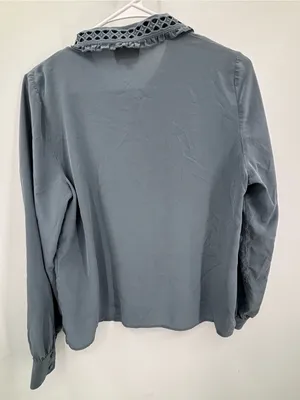 Sézane Dusty Blue Lace-Collar Button-Down Blouse 100% silk size M thumbnail 4