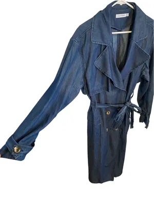 JustFab Double Breasted Longline lightweight Denim Trench Coat Belted minimalist thumbnail 5