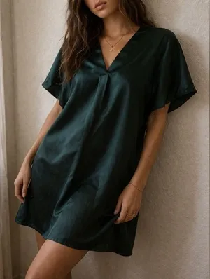 Caryn Lawn Dark Green Satin Shift Dress‎ One Size Fairy Grunge thumbnail 1