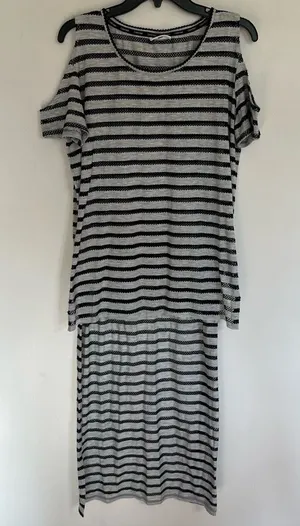 Calvin‎ Klein Swimwear Grey Black Striped Cold Shoulder Maxi Dress Cover Up L/XL thumbnail 1