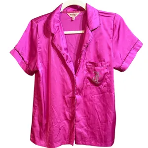 Juicy‎ Couture Magenta Pink Satin Rhinestone Pajama Top Short Sleeve Sz S thumbnail 1