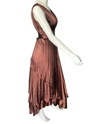 Elegant V-Neck Pleated Sleeveless Handkerchief Hem Chocolate Brown 2 NWOT thumbnail 6