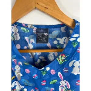 Zoe + Chloe Easter Bunny Short Sleeve Blue Scrub Top Size XS thumbnail 2